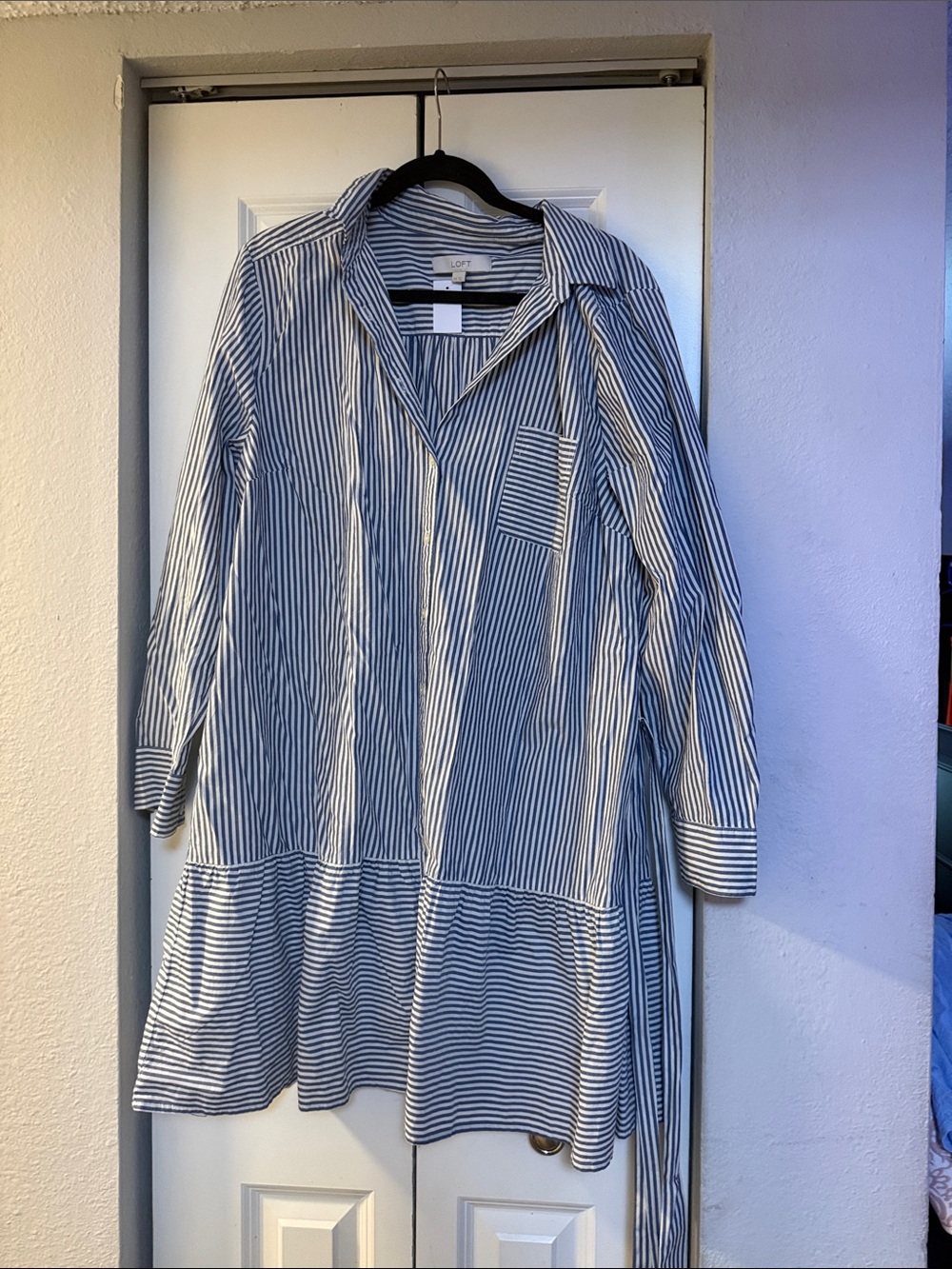 LOFT Navy and White Vertical Stripe Button-Down Shirt